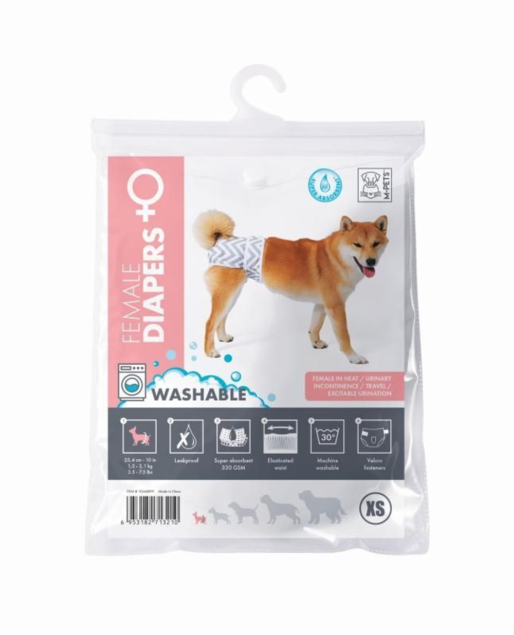 Подгузник многоразовый для собак, размер №1 XS: талия до 25,4 см, MPets