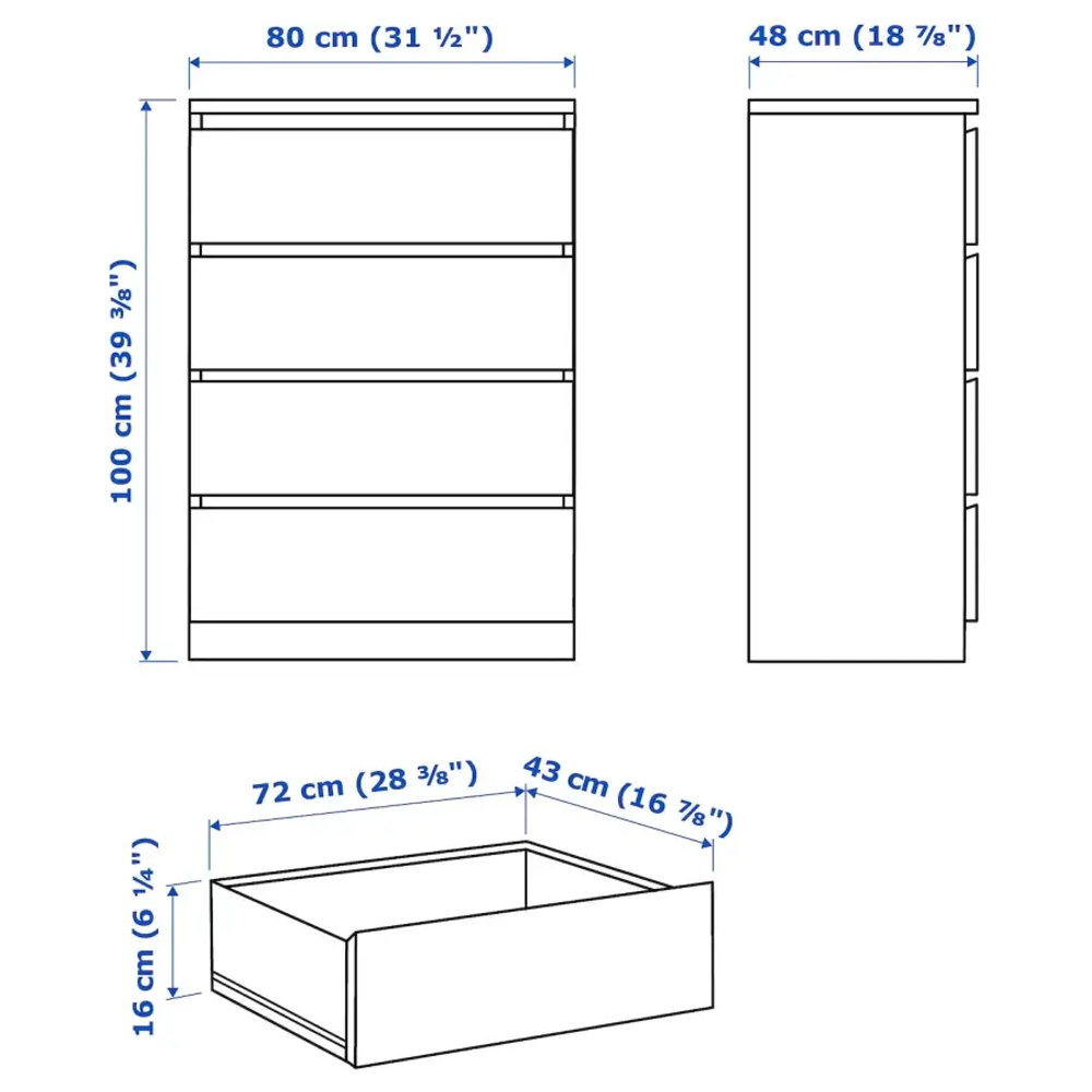 Комод с 4 ящиками - IKEA MALM, 80x100х48 см, черно-коричневый МАЛЬМ ИКЕА