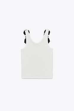 ZARA ТОП С ЦВЕТОЧНОЙ АППЛИКАЦИЕЙ, БЕЛЫЙ/ЧЕРНЫЙ