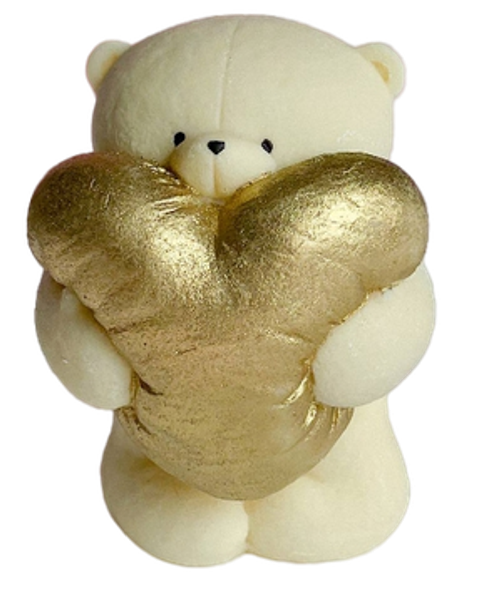 Шоколадная фигурка "Медвежонок с сердцем" белый/золото 9х6 см