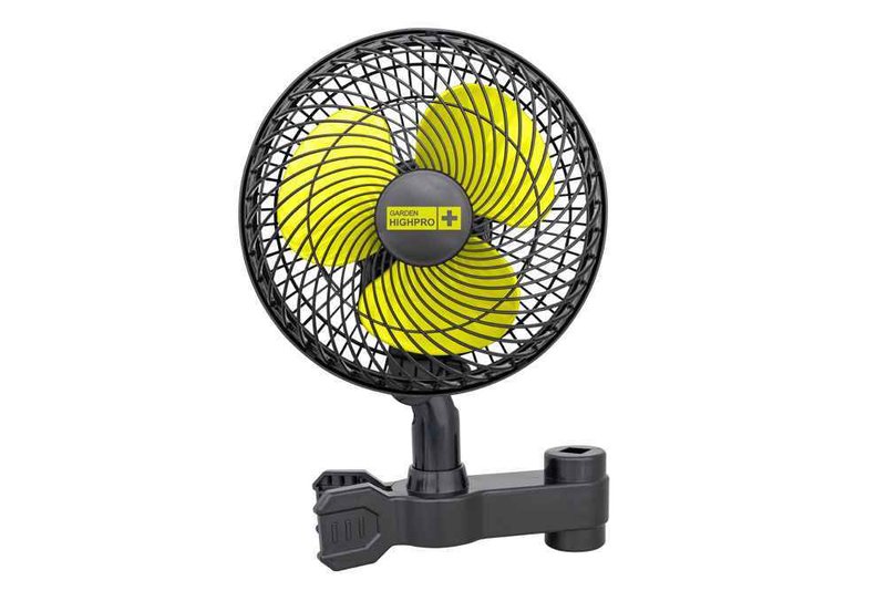 Вентилятор для обдува garden highpro clip fan 20 см с желтыми лопастями и прищепкой, вид спереди на белом фоне