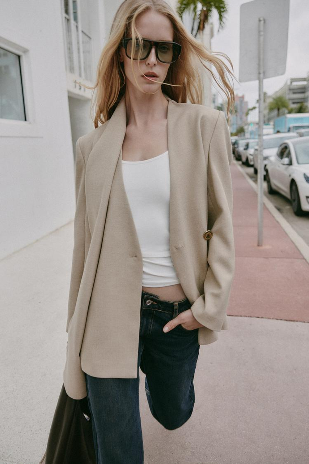 ZARA БЛЕЙЗЕР С ВОРОТНИКОМ-ШАРФОМ, ПЕСОЧНЫЙ