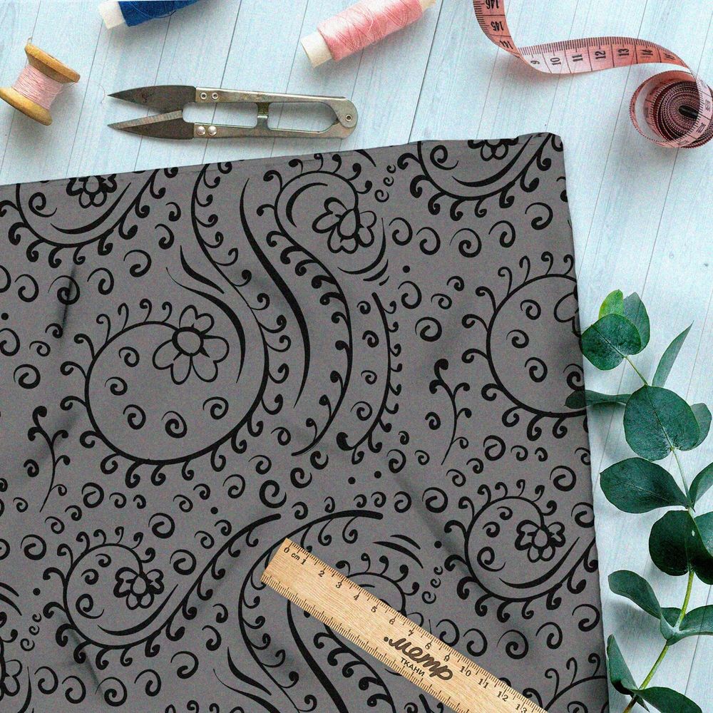 Ткань футер 2-х нитка чёрные цветы и листья на коричневом фоне