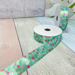 Лента атласная с рисунком "Цветочки" 2,5см аквамарин