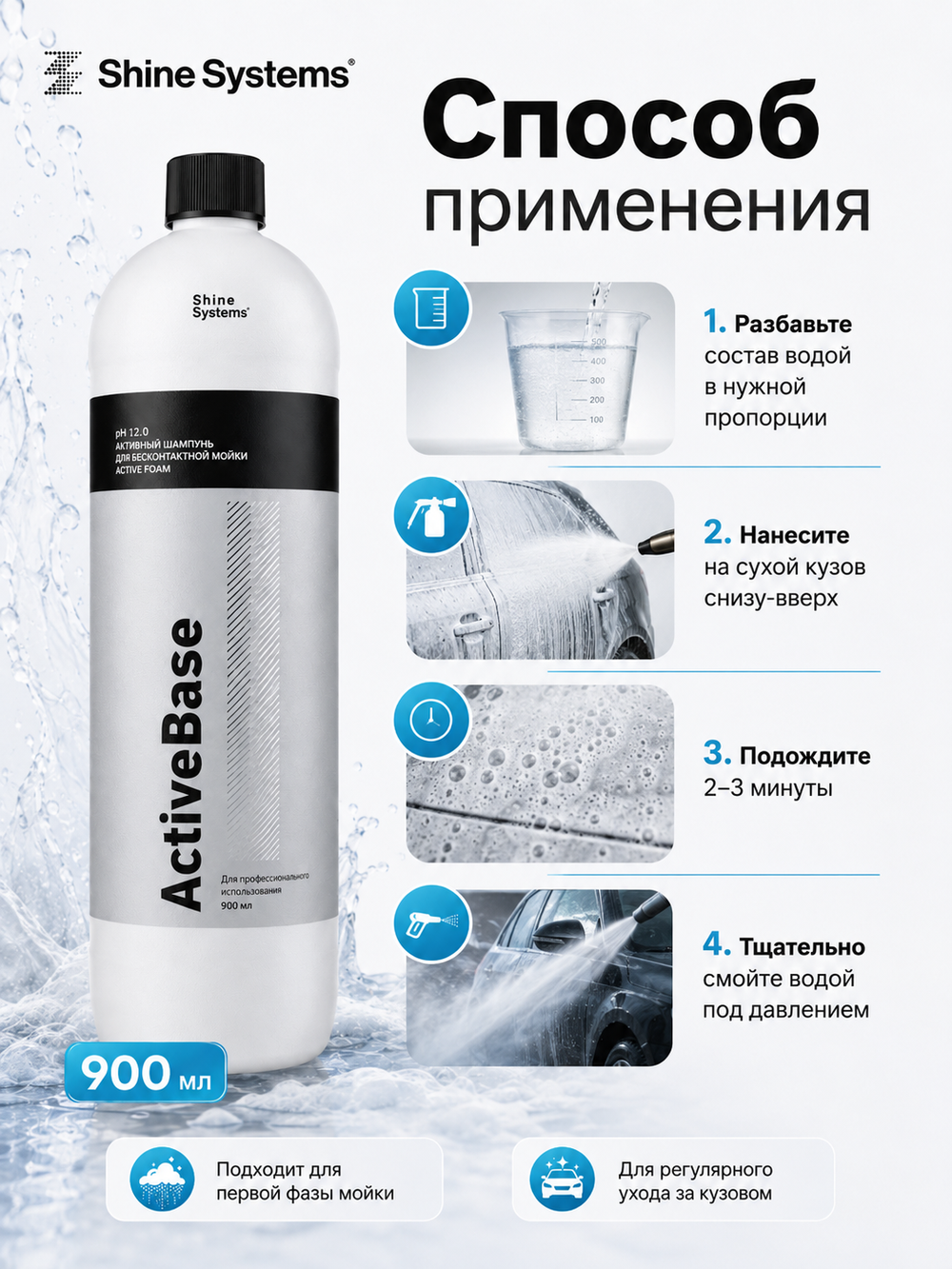Shine Systems ActiveBase - активный шампунь для бесконтактной мойки, 900 мл