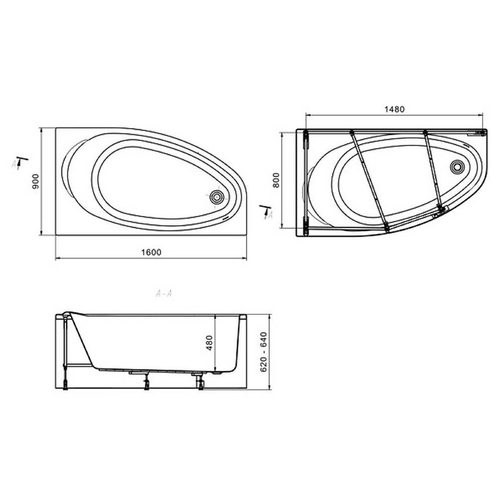 Ванна акриловая Roca CORFU  160x90 248574000 асимметричная правая схема