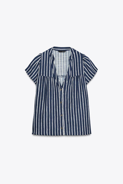 ZARA ПОЛОСАТАЯ РУБАШКА ИЗ ЛЬНА, СИНИЙ/БЕЛЫЙ