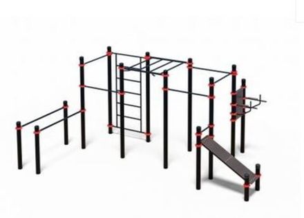 Комплекс из брусьев, разноуровневых турников, тренажера брусья - пресс, наклонной лавки и укороченно