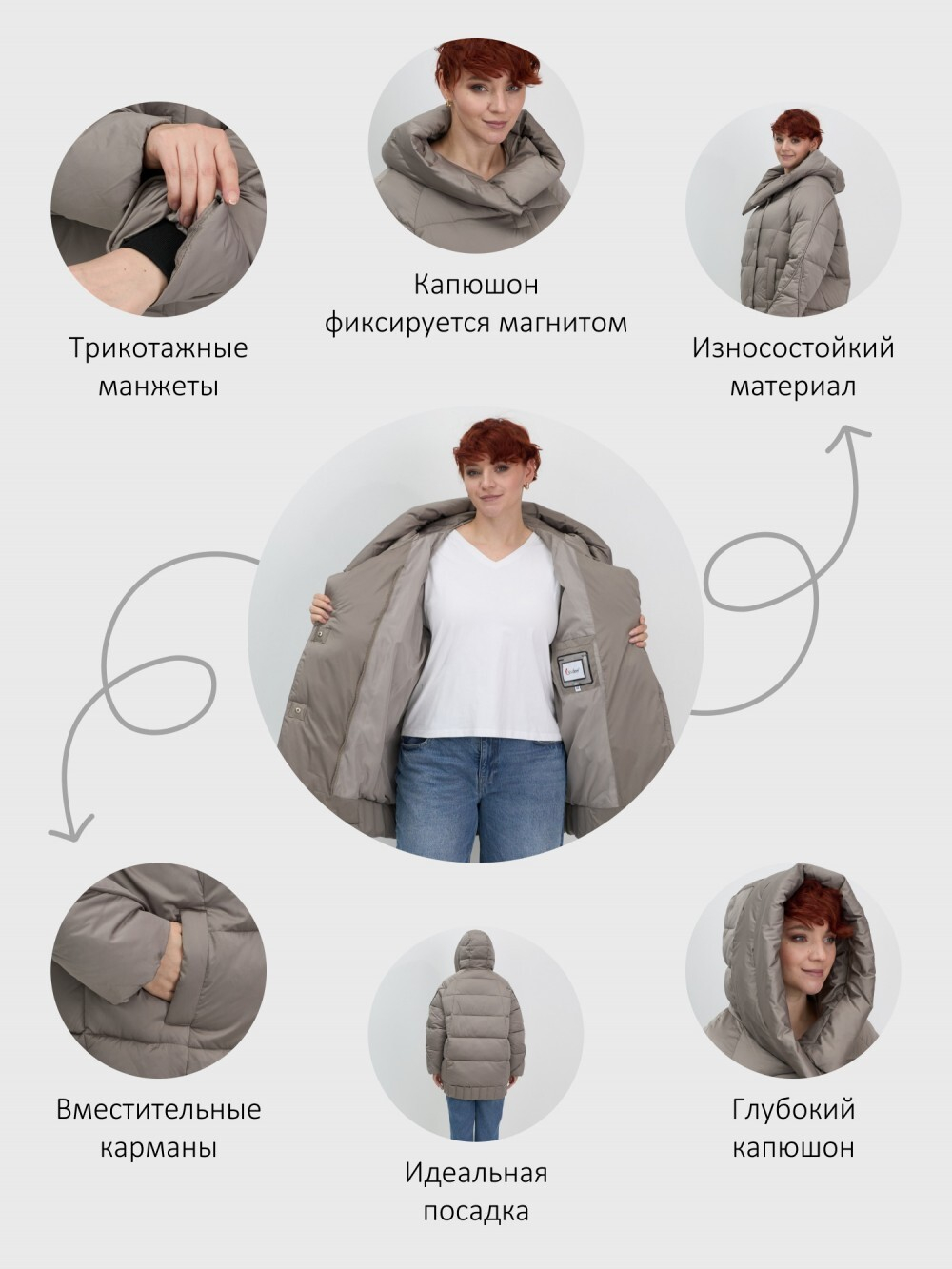 Куртка зимняя женская с капюшоном модная коричневого цвета 7651K