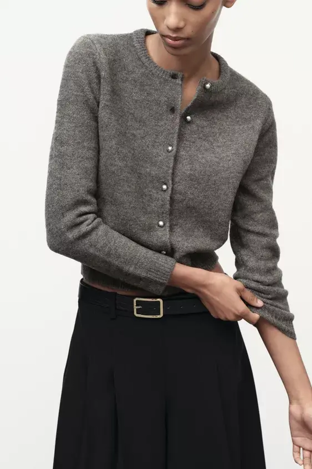 ZARA КАРДИГАН С МЕТАЛЛИЧЕСКИМИ ПУГОВИЦАМИ, ТЕМНЫЙ СЕРО-КОРИЧНЕВЫЙ