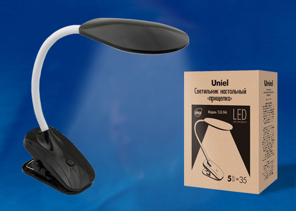 TLD-546 Black/LED/350Lm/4500K Светильник настольный «прищепка», 5W. Механический выключатель. Черный. ТМ Uniel