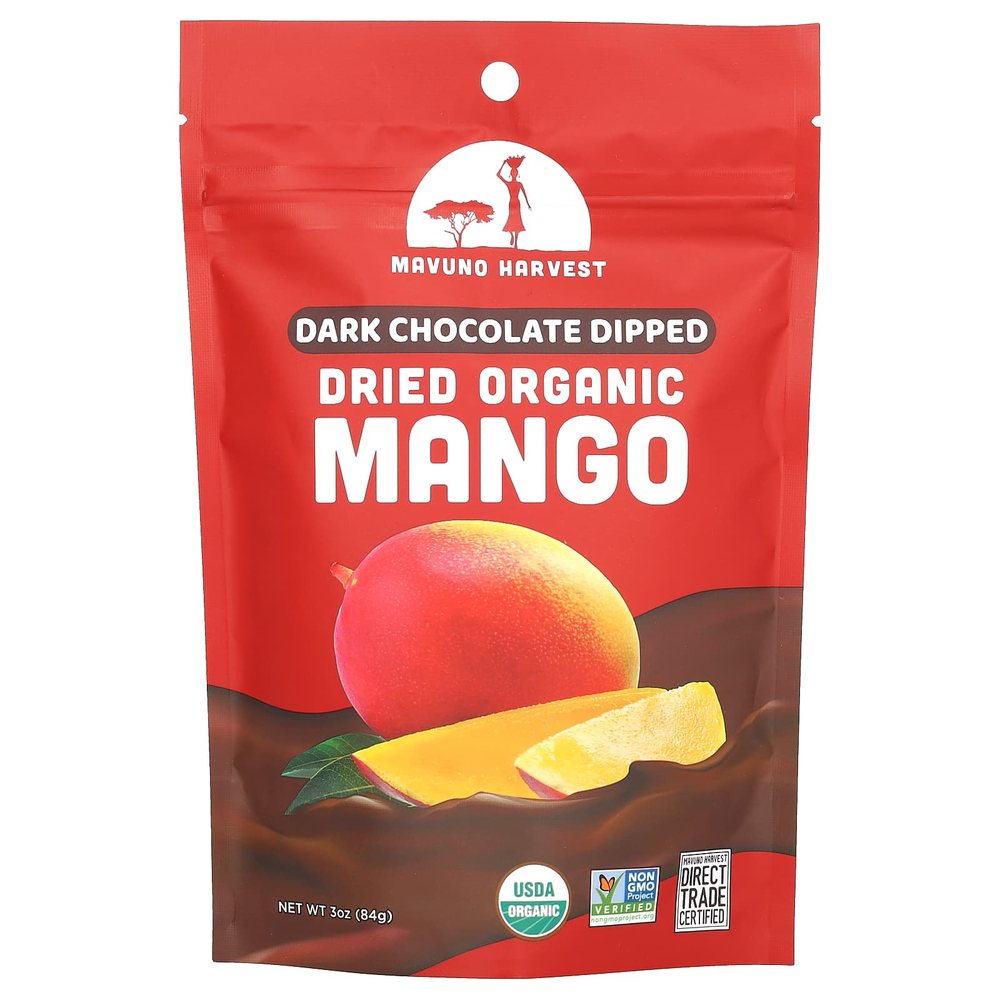 Mavuno Harvest, сушеное органическое манго, в темном шоколаде, 84 г (3 унции)