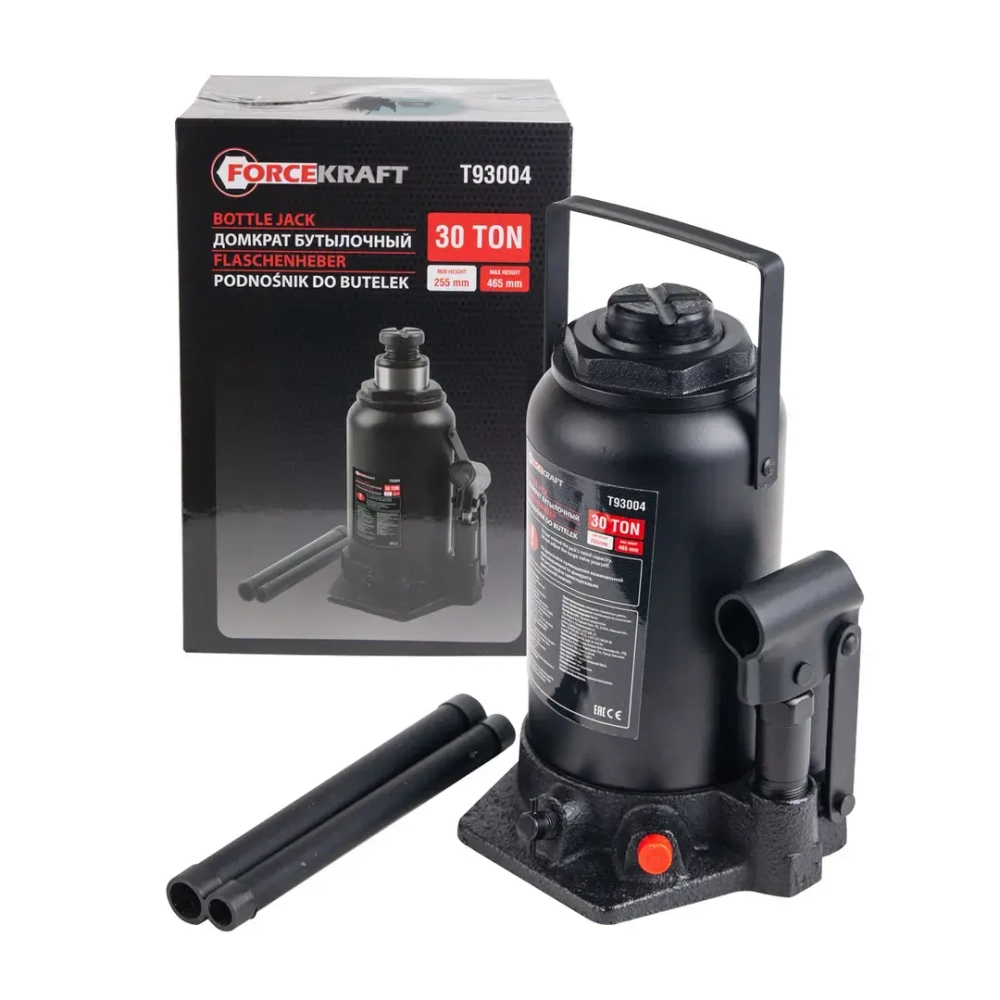 Домкрат бутылочный 30т с клапаном(h min-255мм,h max-465мм) FORCEKRAFT FK-T93004(DS)