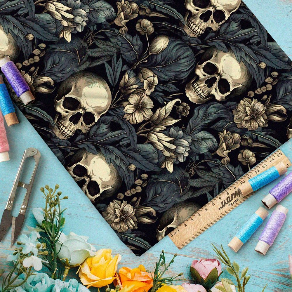 Ткань премиум флис черепа в ночных цветах