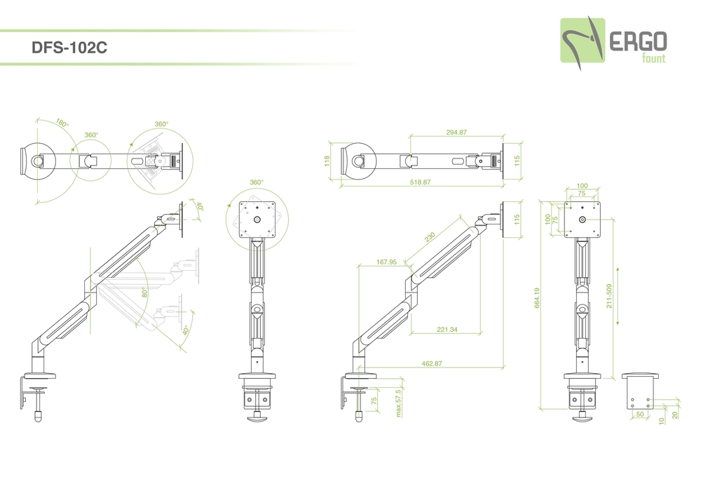 ErgoFount DFS-102CB Настольное шарнирное крепление для монитора диагональю до 27'' с газопружинным амортизатором, зажим типа C, макс. нагрузка 8,5 кг