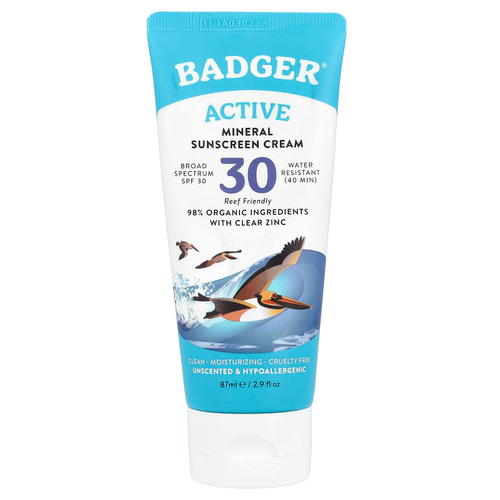 Badger, Active, минеральный крем от загара, SPF 30, без запаха, 87 мл (2,9 жидк. унции)