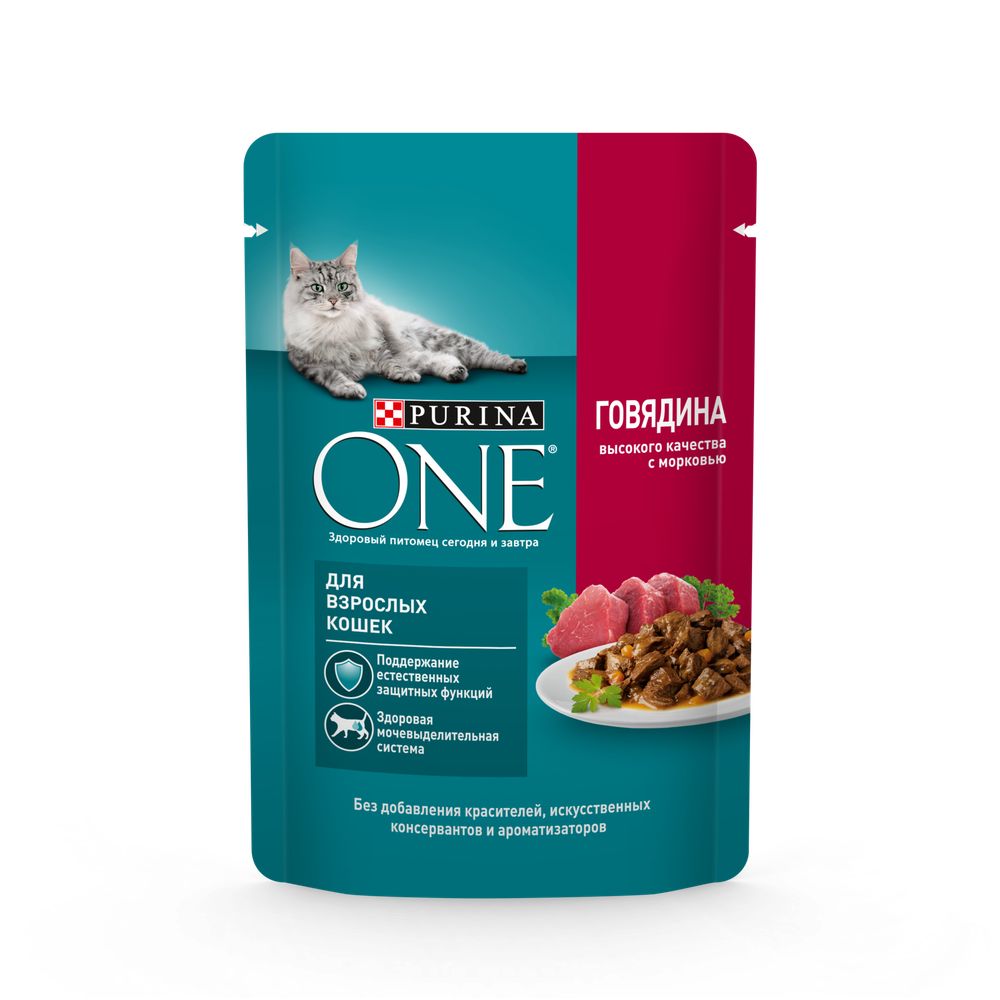 Влажный корм для взрослых кошек Purina ONE с говядиной и морковью 75 г