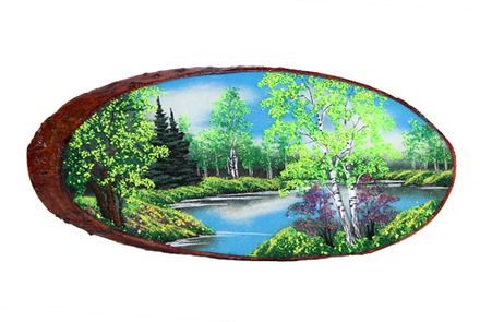Панно на срезе дерева " Летний пейзаж" размер : Длинна 54см , ширина 32см , толщина 2см. вес 1кг.