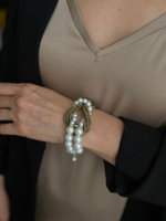 Браслет "Виржини", белый жемчуг Майорка и венец.стекло бисерной огранки в горчичном оттенке,золото