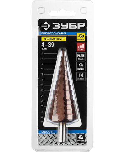 ЗУБР Кобальт, 4-39 мм, 14 ступеней, сталь Р6М5, кобальтовое покрытие, ступенчатое сверло, Профессионал (29672-4-39-14)