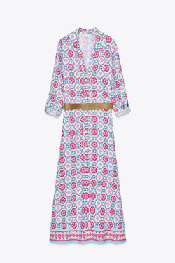 ZARA ПЛАТЬЕ МИДИ С ПРИНТОМ И ПОЯСОМ, РАЗНОЦВЕТНЫЙ