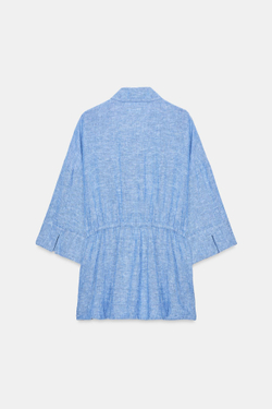 ZARA РУБАШКА САФАРИ ИЗ ЛЬНА, ГОЛУБОЙ