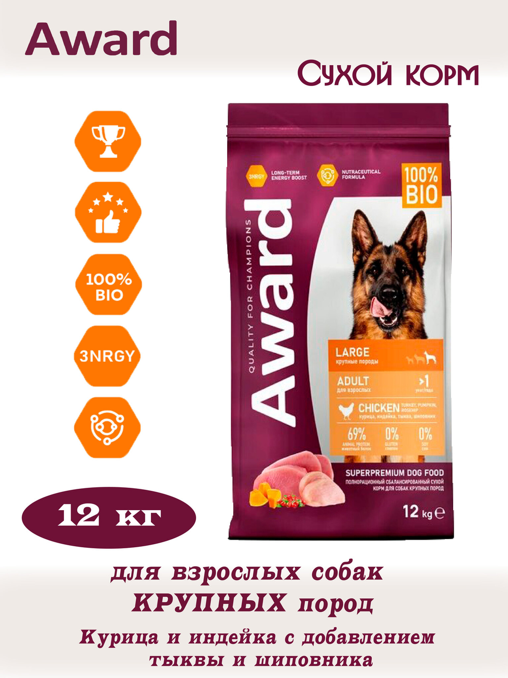 Сухой корм для взрослых собак крупных пород. Курица и тыква