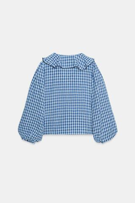 ZARA БЛУЗА В КЛЕТКУ ВИШИ С ВОЛАНАМИ, СИНИЙ/БЕЛЫЙ