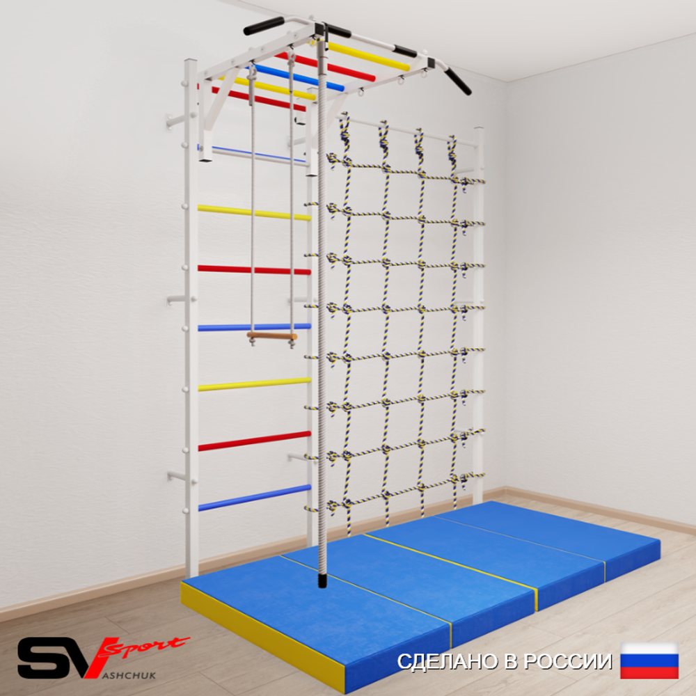 Шведская стенка Sv Sport усиленная 63540 (Турник рукоход/Канат/Трапеция/Мат 2м/Канатный лаз)
