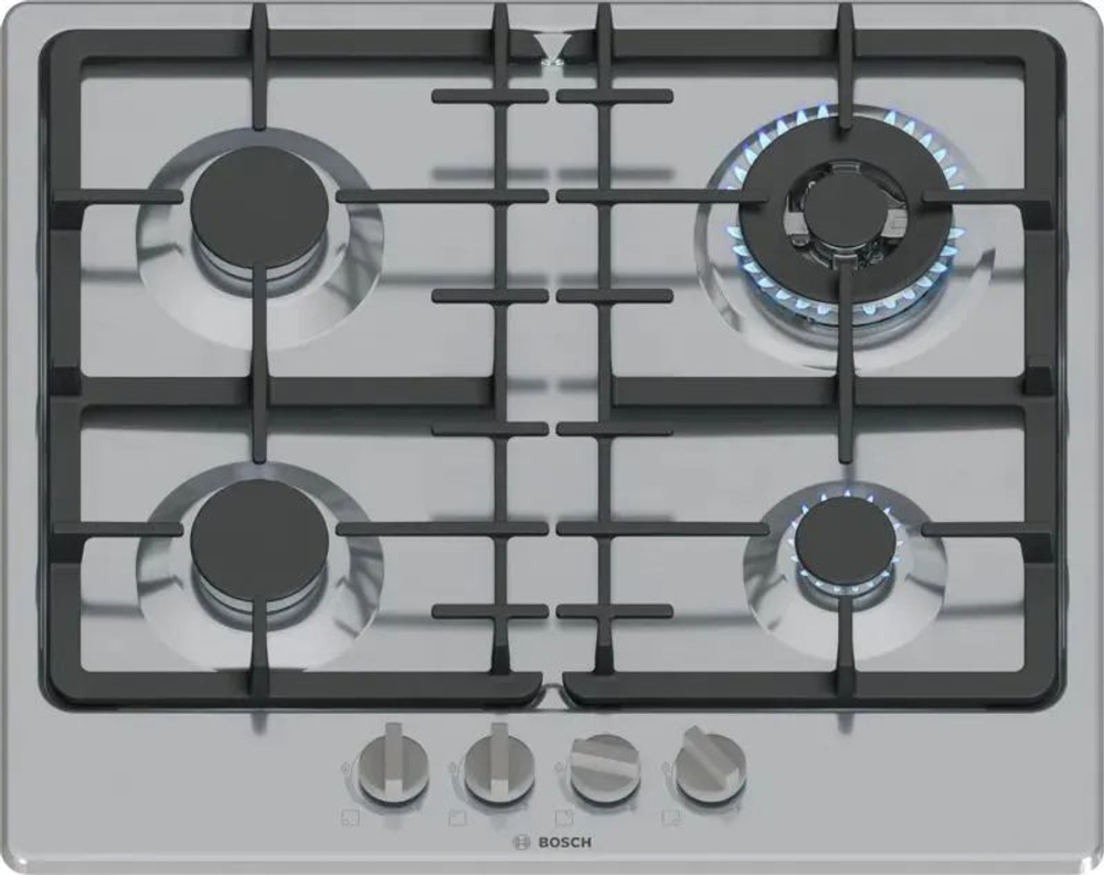 Встраиваемая газовая панель BOSCH PGH6B5K90R Serie 4, независимая, 4 конфорки, серебристый