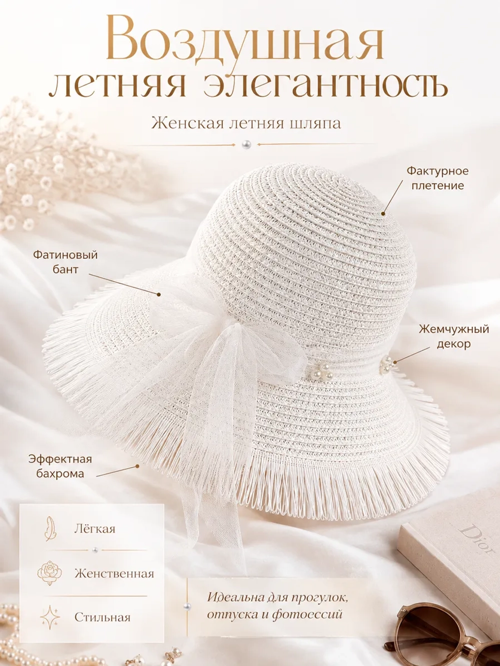 Соломенная шляпа летняя плетеная пляжная с бахрамой