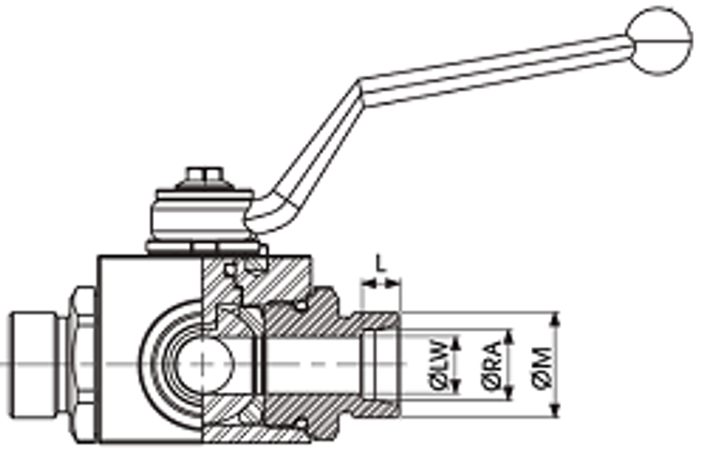 Кран 3-х ходовой шаровый M30x2 22L DN 20 P=350 (400) L-обр.