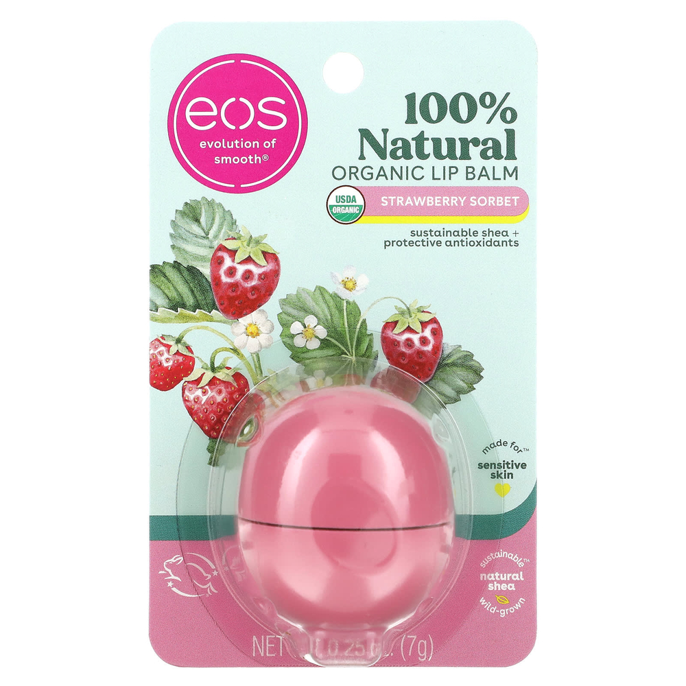 EOS, 100% натуральный органический бальзам для губ, с ароматом клубничного сорбета, 7 г (0,25 унции)