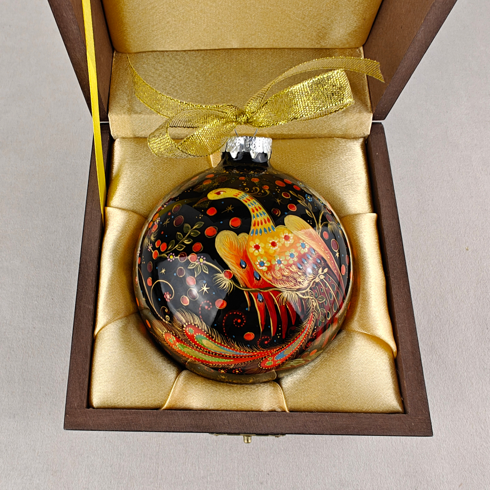 Шар новогодний с круговой росписью "Жар-птица" в футляре