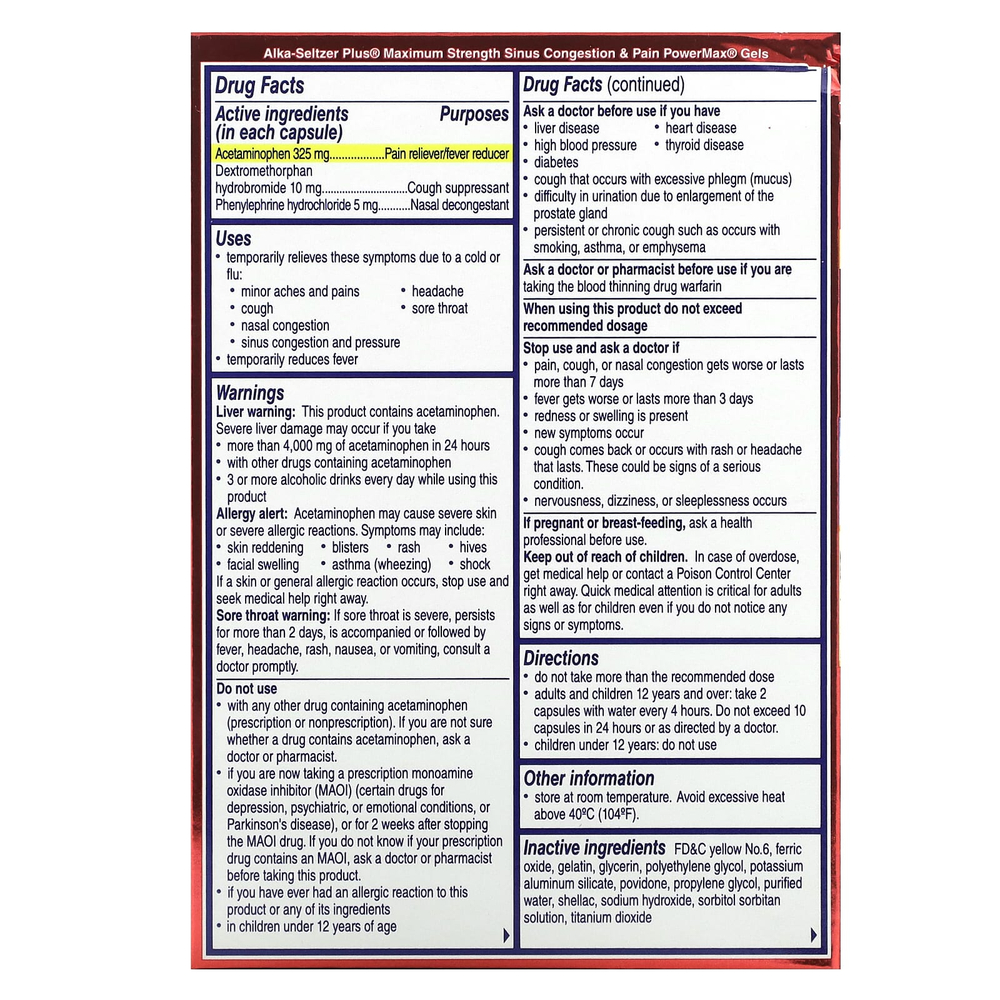 Alka-Seltzer Plus, Гели от заложенности носовых пазух и боли PowerMax, максимальная эффективность, 24 жидких геля