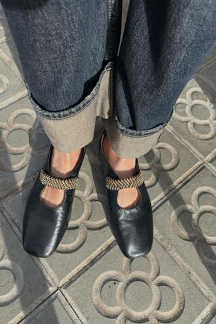 ZARA БАЛЕТКИ ИЗ КОЖИ С МЕТАЛЛИЧЕСКОЙ ПОЛОСКОЙ, ЧЕРНЫЙ