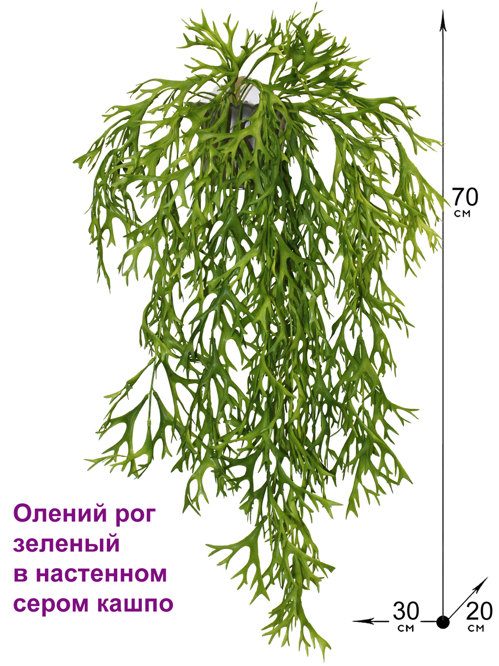 Искусственное растение Олений рог зеленый в настенном сером кашпо