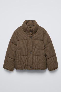 ZARA ПУХОВИК В КЛЕТКУ ВИШИ, КОРИЧНЕВЫЙ