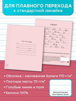 Набор тетрадей ТЕТРАДКИН, широкая линия с доп. пунктирной линией 3 мм , 12 л, цвет - розовый, 50 шт