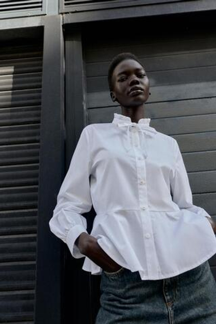 ZARA РУБАШКА ИЗ ПОПЛИНА С БАНТОМ, БЕЛЫЙ