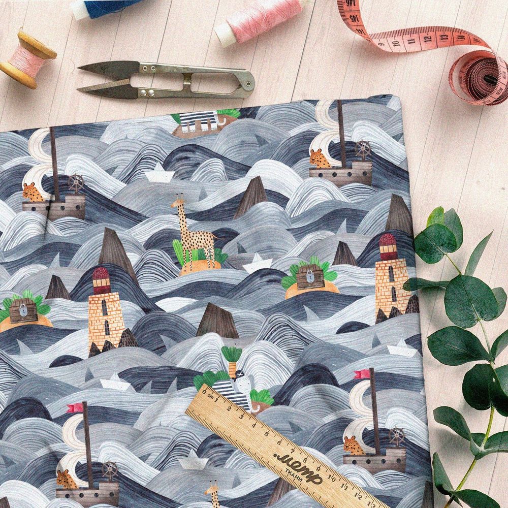 Ткань барби морские объекты на волнах