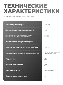 Пила сабельная аккумуляторная HORDER PRS-250 в кейсе 1 аккумулятор 24 В, 2.5 Ач, 3000 ход/мин 4 пильных полотна, подсветка, бесключевая замена пилки