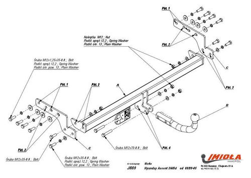 Фаркоп IMIOLA J.009 Hyundai Accent хетчбек 3/5 дверей, седан 1999-2005, Hyundai Accent ТагАЗ 2000-2012(паспорт и сертификат в комплекте)(без электрики)