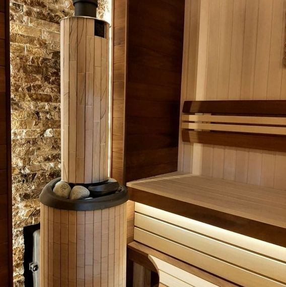 Печь банная «Атмосфера L» в ламелях «Окаменевшее дерево»