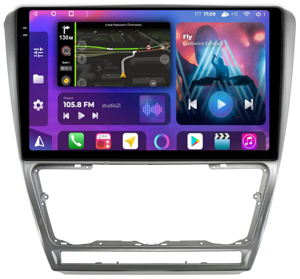 Магнитола для Skoda Octavia A5 2004-2013 (рамка серебро) - FarCar BM005M монитор 10.36" QLED на Android 14, TS10, 4+32Гб, CarPlay, 4G SIM-слот
