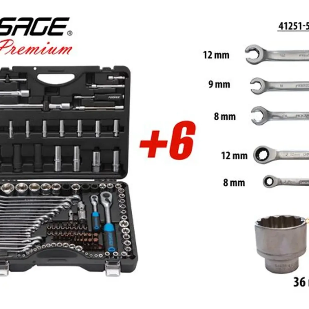 Набор инструментов 125+6пр.1/4''1/2''(6-гран.)(4-36мм,36-12гр.)+(ключи трещоточные:8х10,12х13мм, ключи резрезные:8х10,9х11,12х13мм) Forsage F-41251-5 PREMIUM