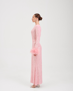 Платье PERSIMMON (Персимон) с перьями на рук., розовое пайеточное