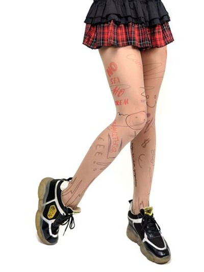 Молодежные колготки с надписями и почеркушками (Размер: S-M-L) (Цвет: бежевый)