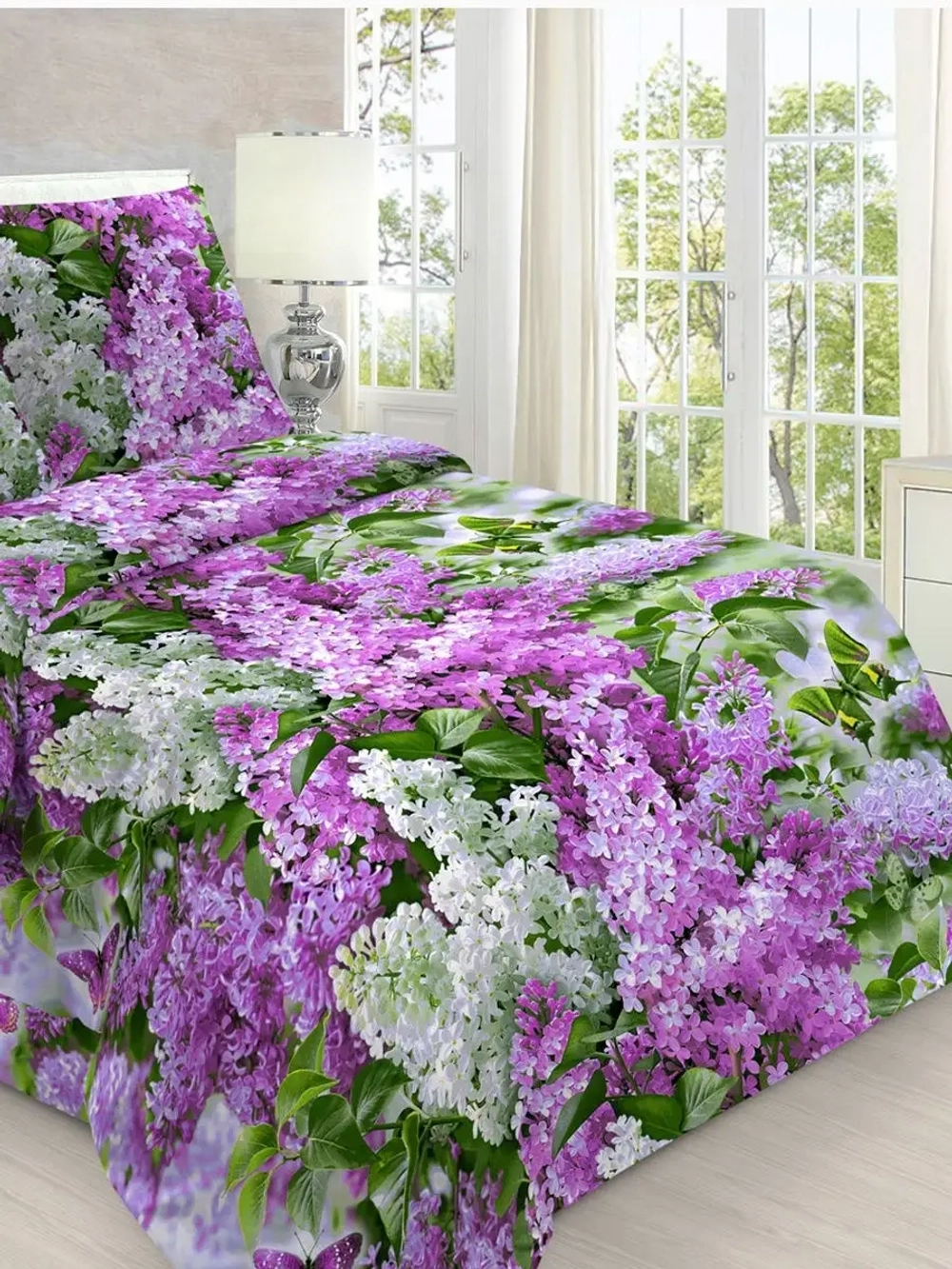 Комплект постельного белья 1,5 сп из Бязи 125 гр. (100% хлопок) с нав 70*70 (1 шт) ромашки, сирень