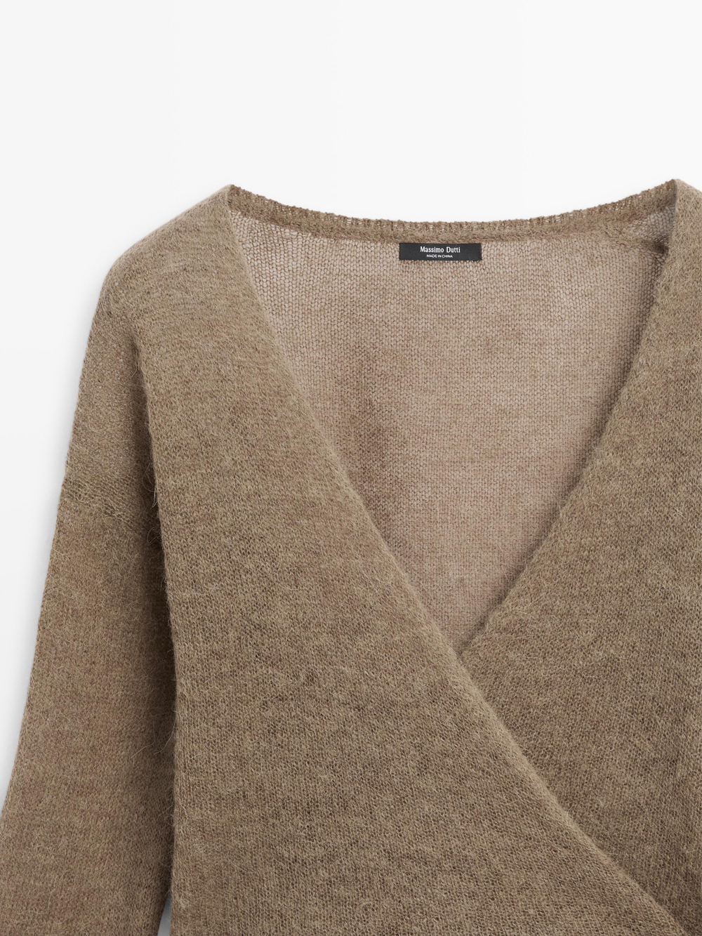 Massimo Dutti Трикотажный кардиган внахлест с завязками, из смесовой альпаки, кротово-коричневый